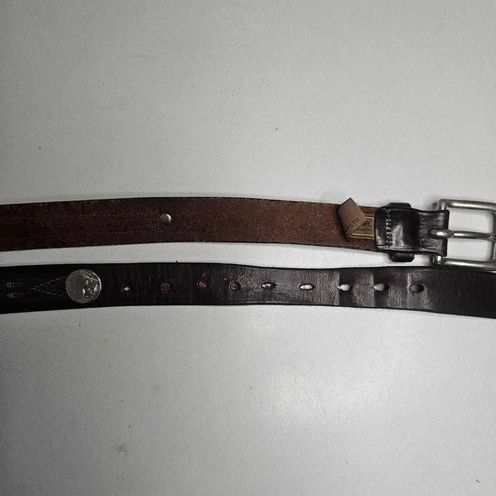 Trafalgar Mens Brown Leather Belt Buffalo Nickel Southwestern‎ Woven Inlay 42